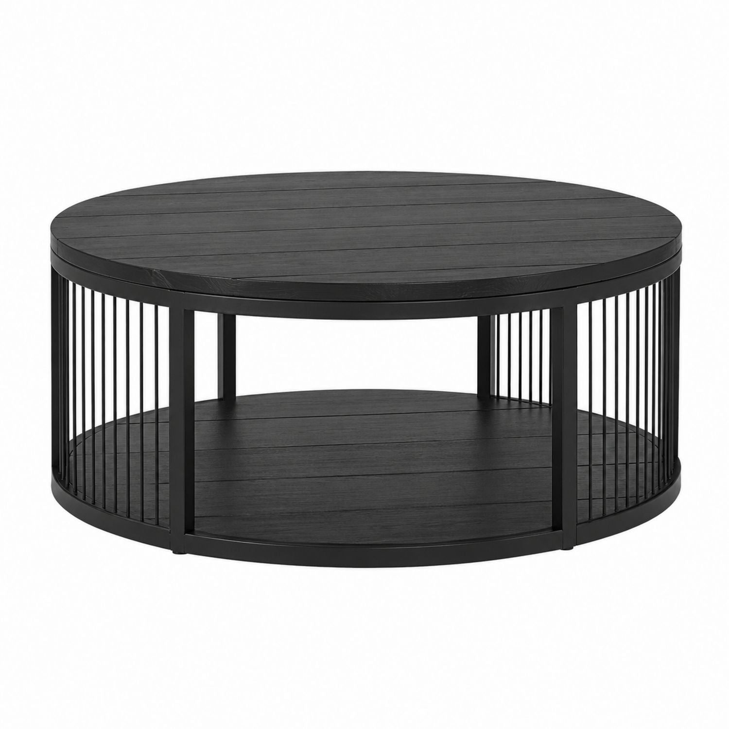 Round Metal and Acacia Wood Outdoor Coffee Table Black 90cm