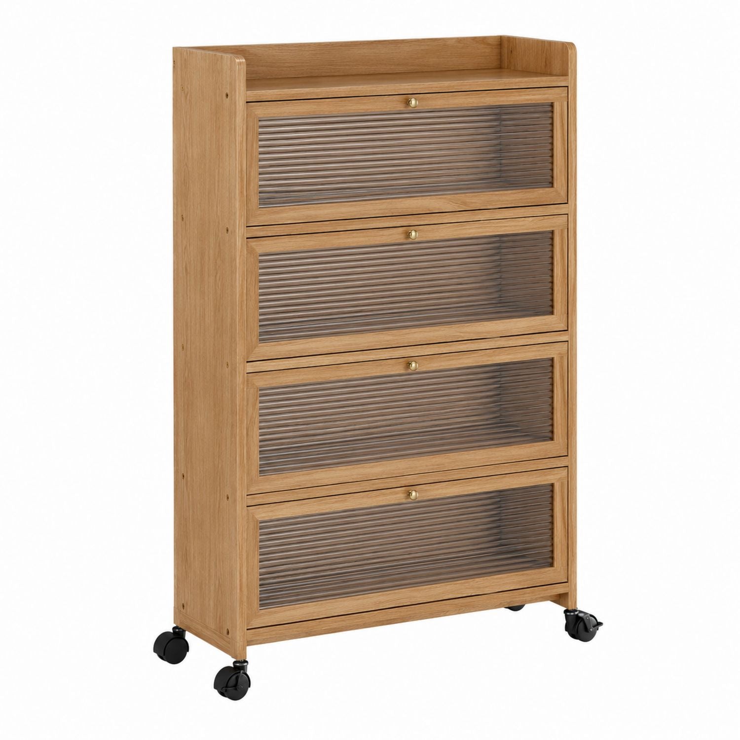 Oak Wood Cabinet with Tempered Glass and Casters 90cm Height