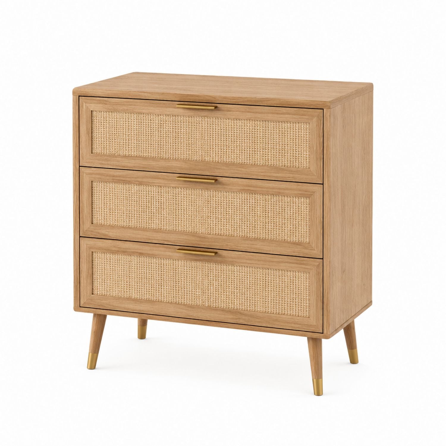 Oak Wood Chest of Drawers with Rattan Fronts 3-Drawer 80cm x 40cm x 90cm