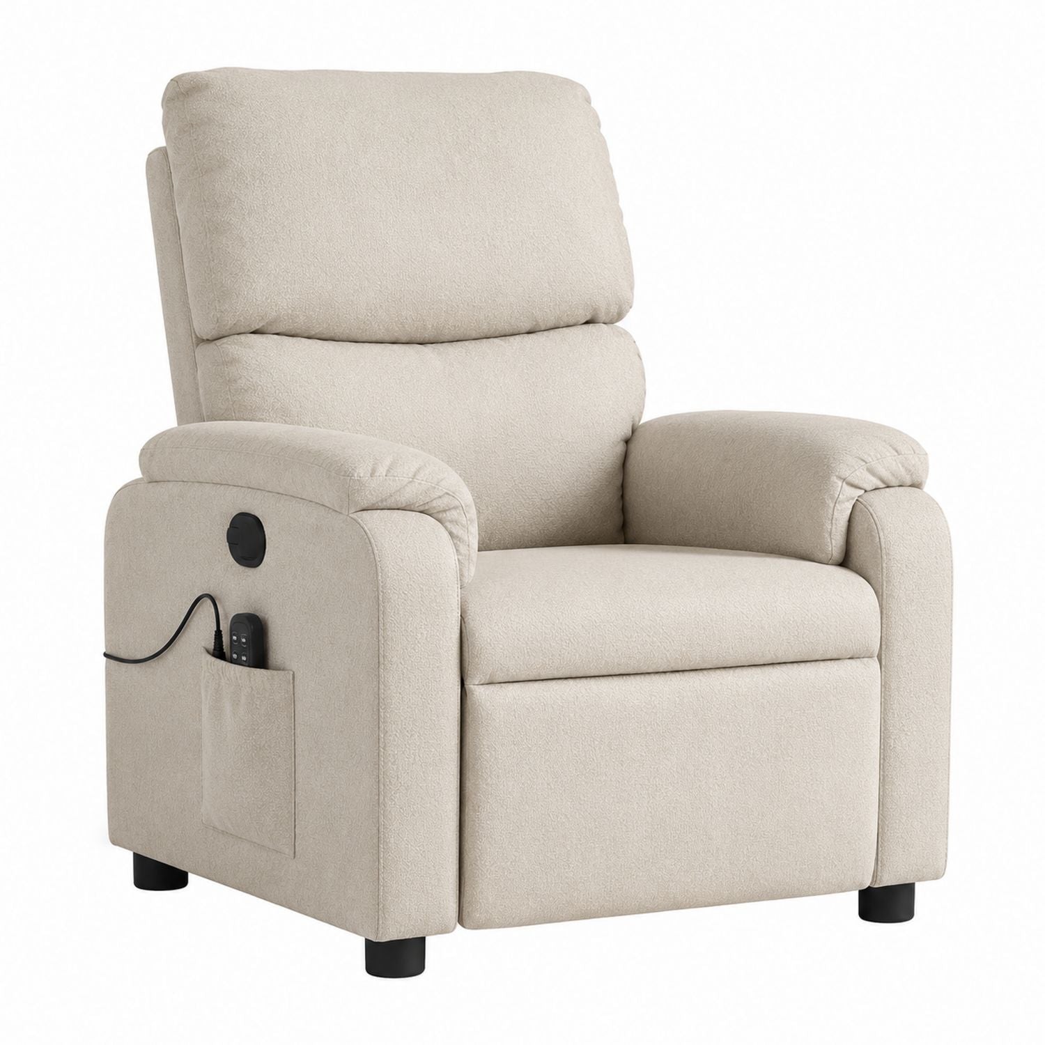 Recliner Chair Polyester Fabric Beige with Padded Armrests and Remote Control Pocket