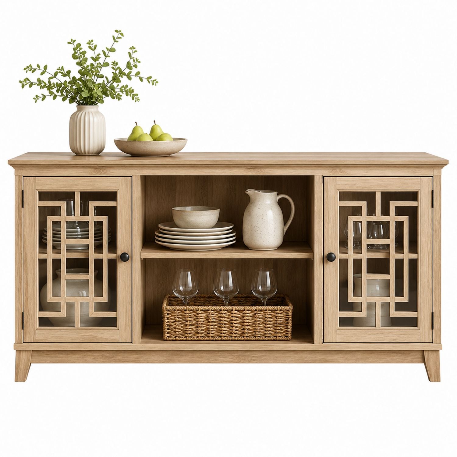 Oak Wood Sideboard Buffet with Tempered Glass Doors and Shelves 150cm