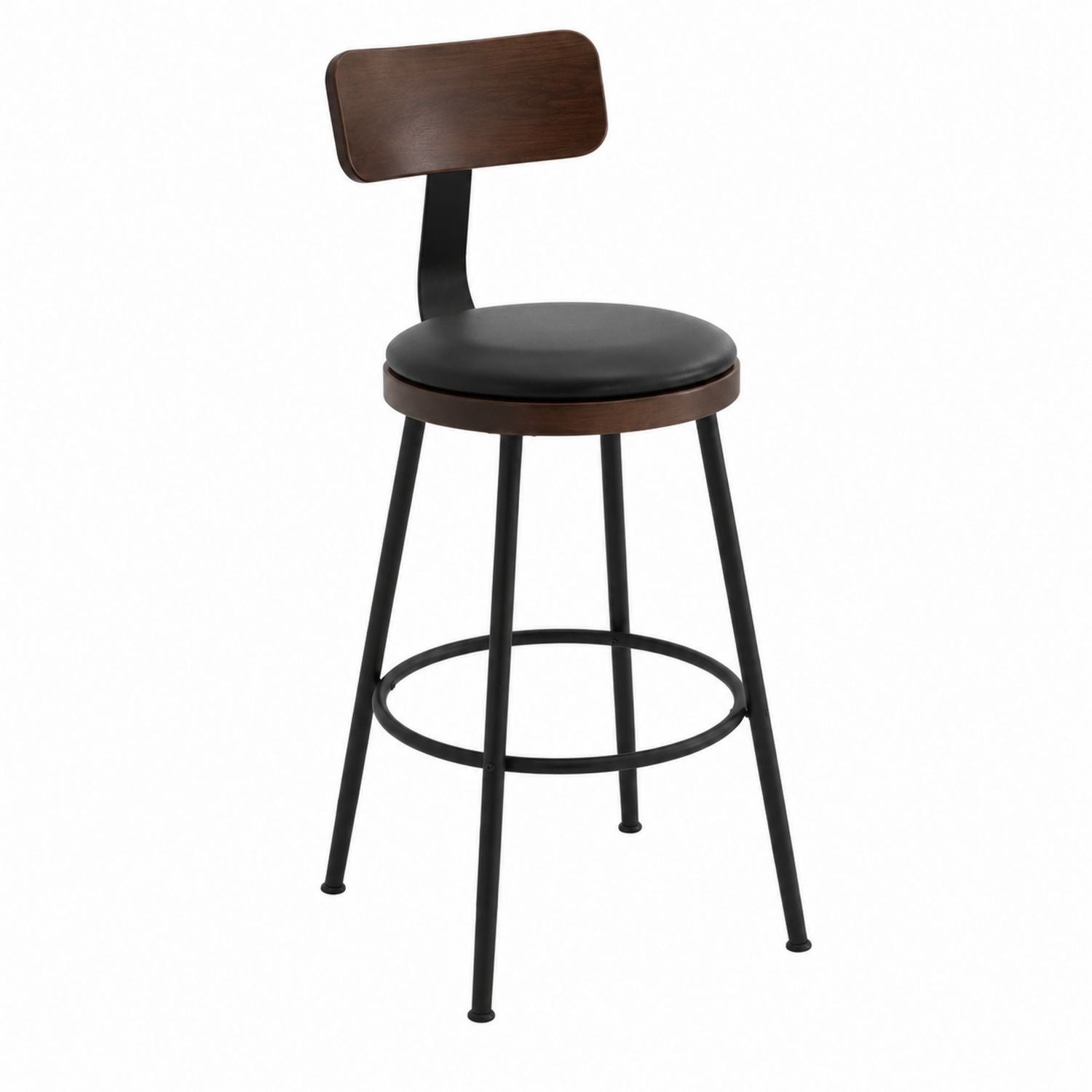 Metal and Wood Swivel Bar Stool with Black Faux Leather Seat