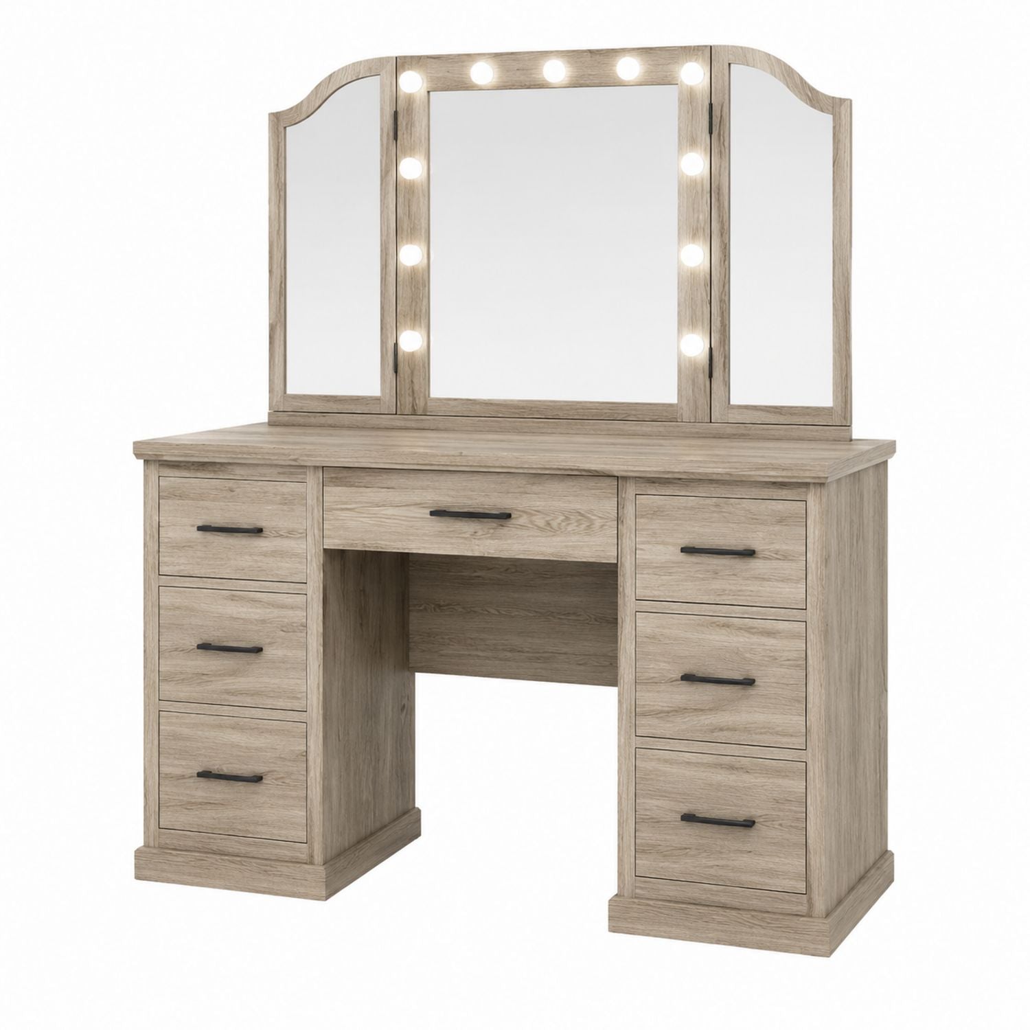 Wood Vanity Desk with Mirror and Lights Light Oak