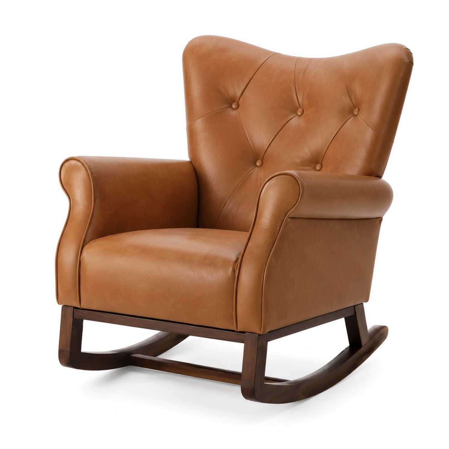Brown Faux Leather Rocking Chair with Tufted Back and Wooden Base