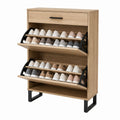 Wood Shoe Storage Cabinet with Metal Frame Three-Tier Pull-Down Design Light Oak 32x24x12 inches