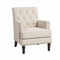 Beige Linen Tufted Accent Chair with Nailhead Trim and Wooden Legs