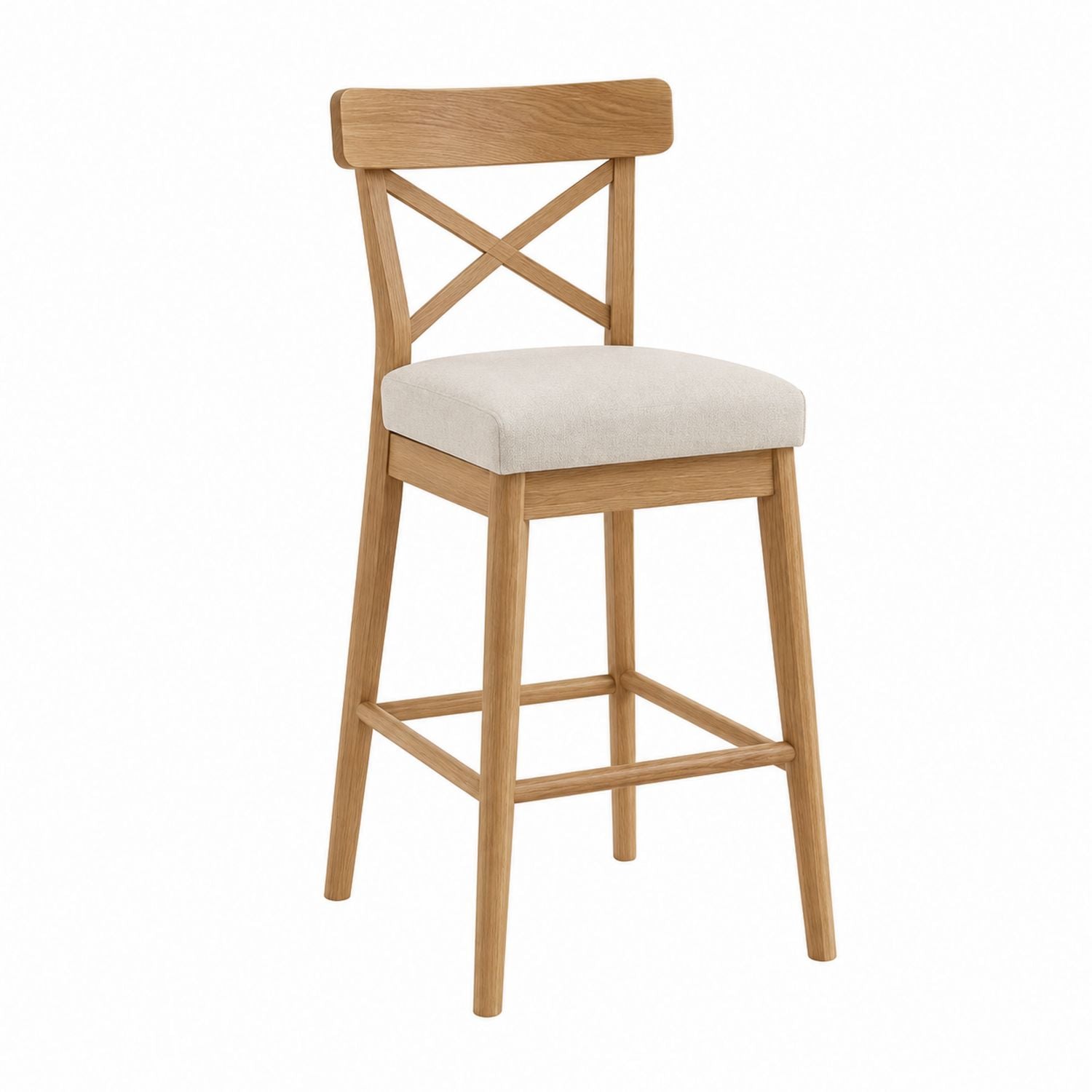 Oak Wood Bar Stool with Linen Upholstery Beige High Back