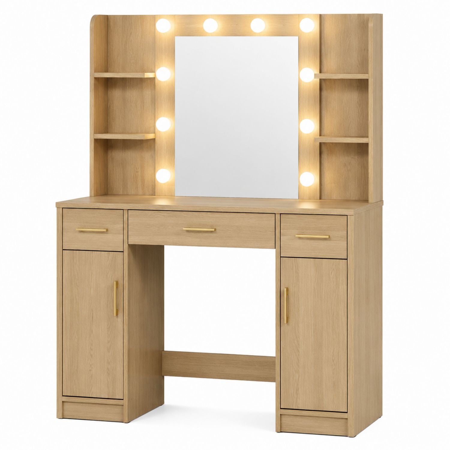 Wood Vanity Desk with Mirror and Built-in Lights Oak 120x40x140 cm