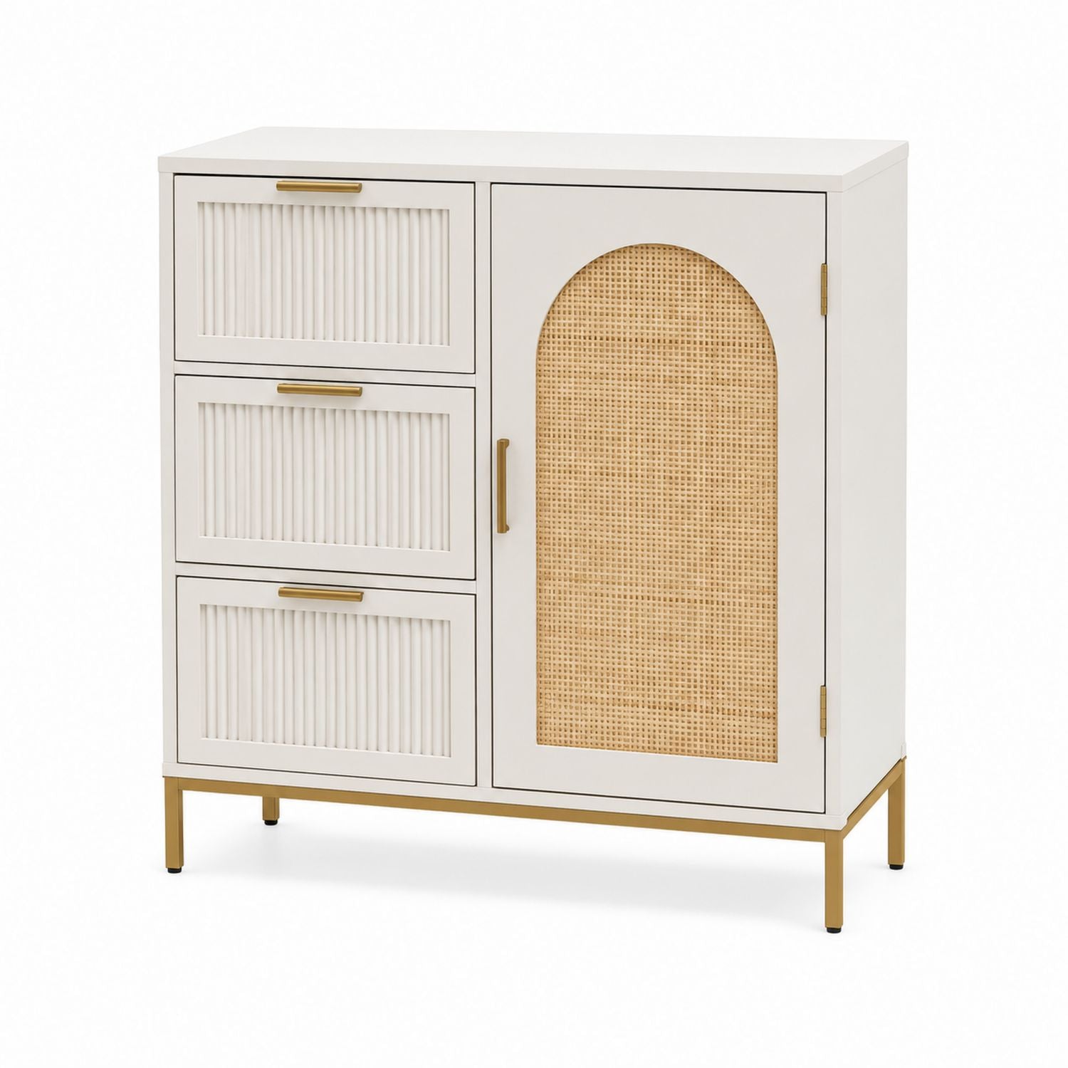 Wood Storage Cabinet with Rattan Door and Three Drawers, 100cm