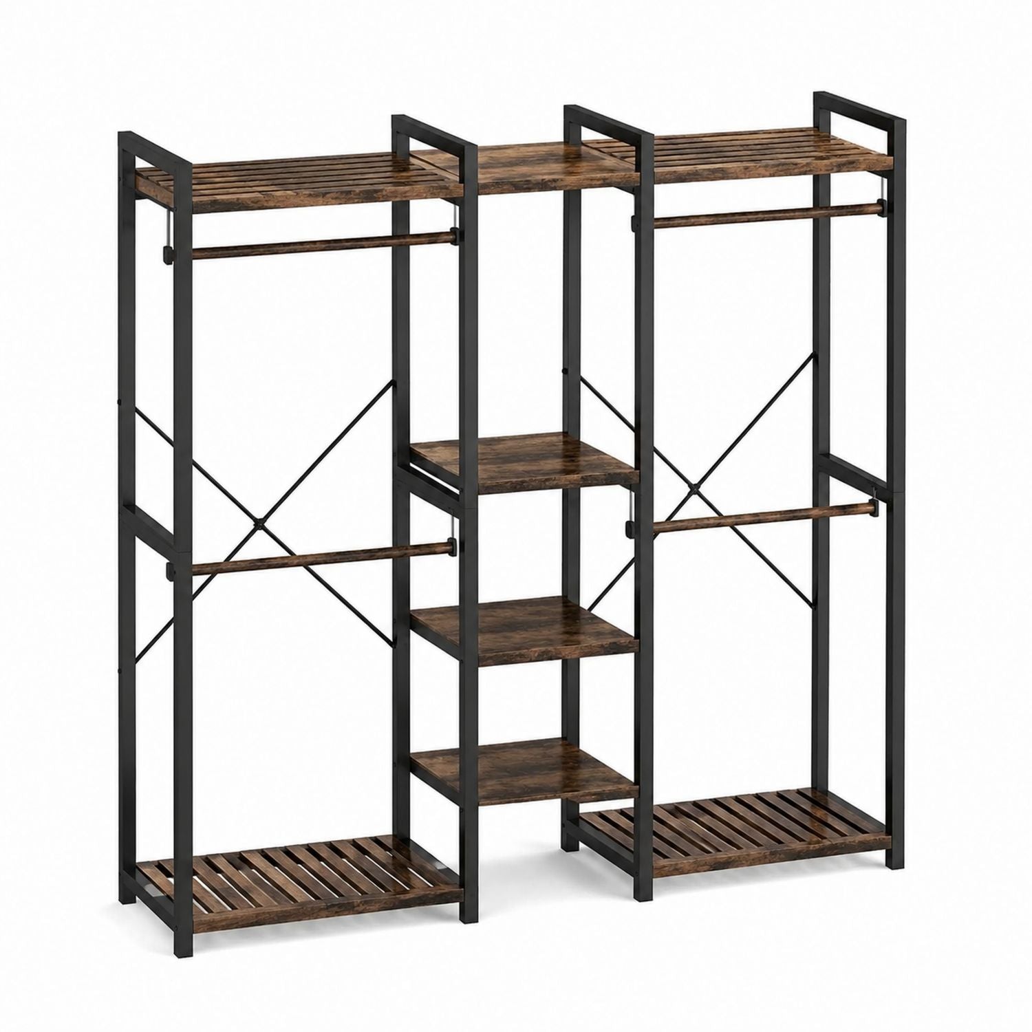 Metal and Wood Freestanding Closet Wardrobe Organizer Brown Black 180cm Height