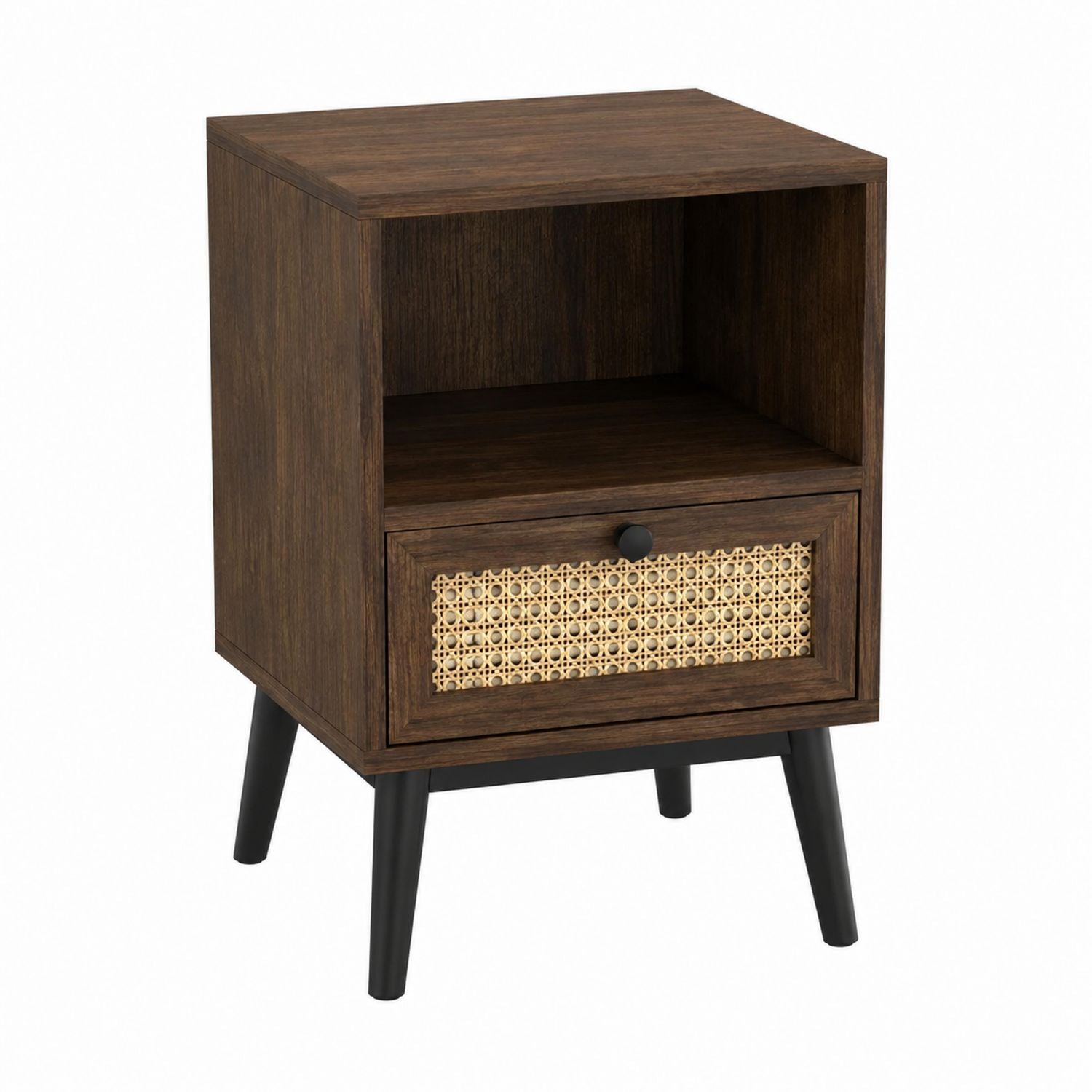 Wood Nightstand with Rattan Drawer Brown 60cm High