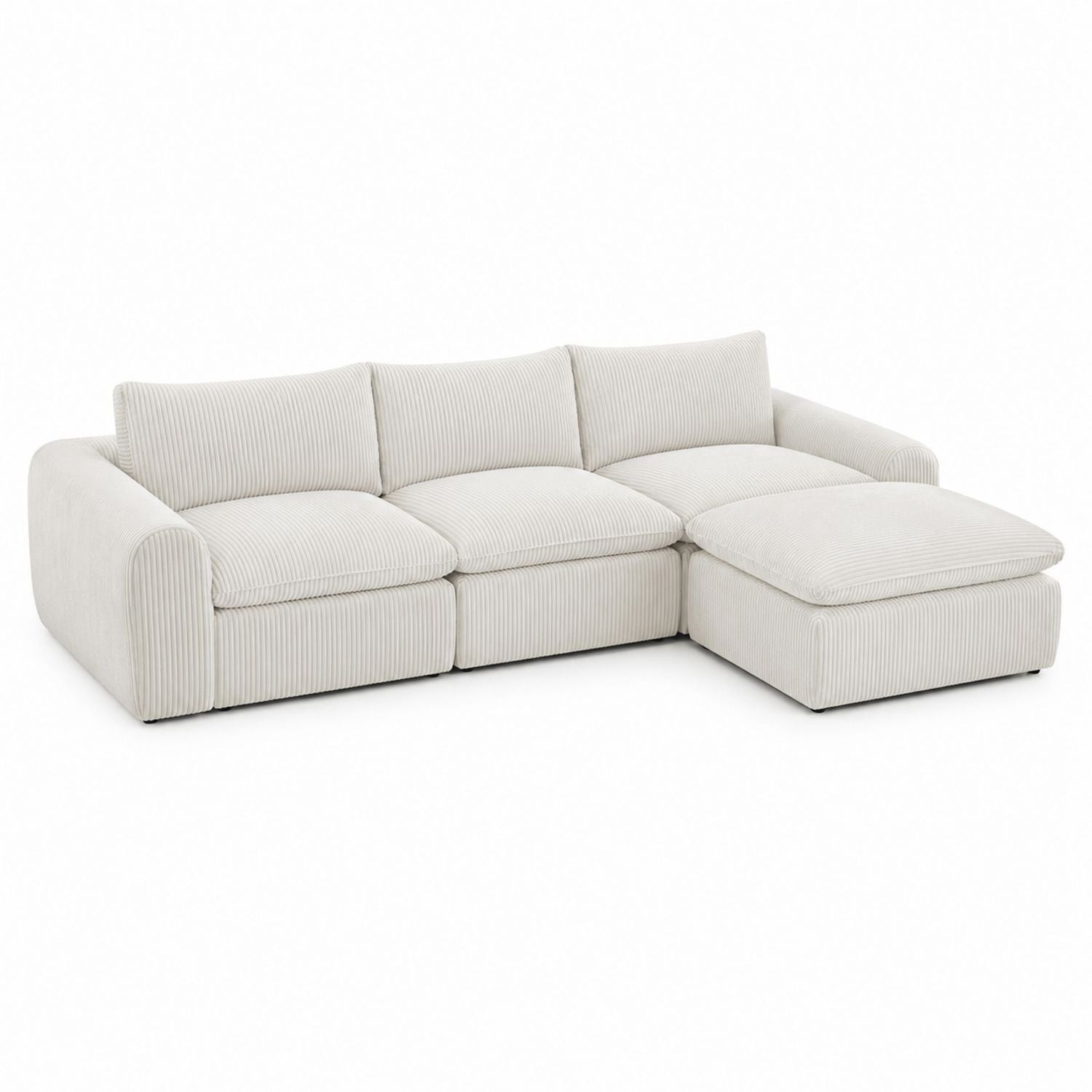 Corduroy Cream Sectional Sofa with Ottoman L-Shape