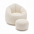 Cream Boucl茅 Fabric Bean Bag Chair and Ottoman Set