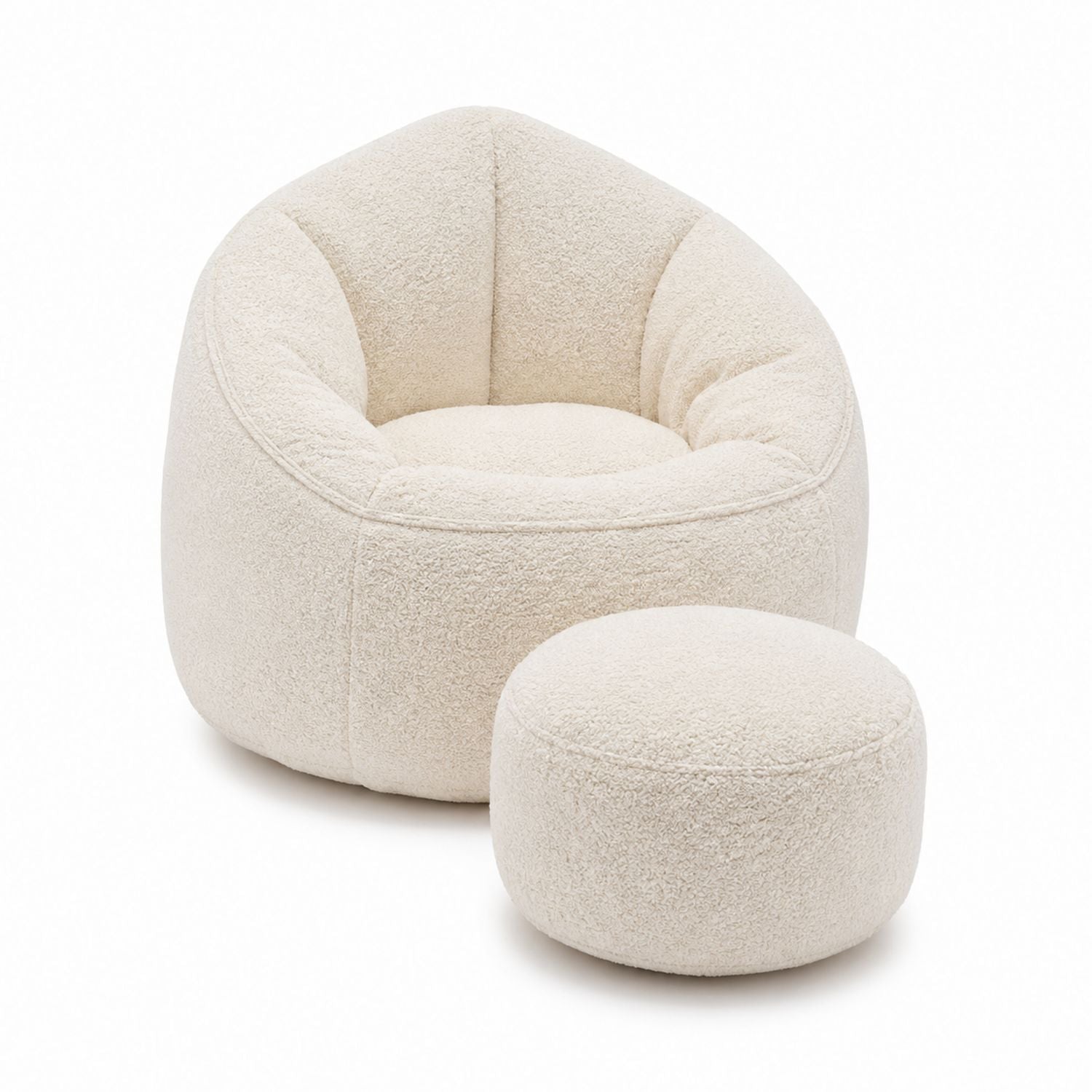 Cream Boucl茅 Fabric Bean Bag Chair and Ottoman Set