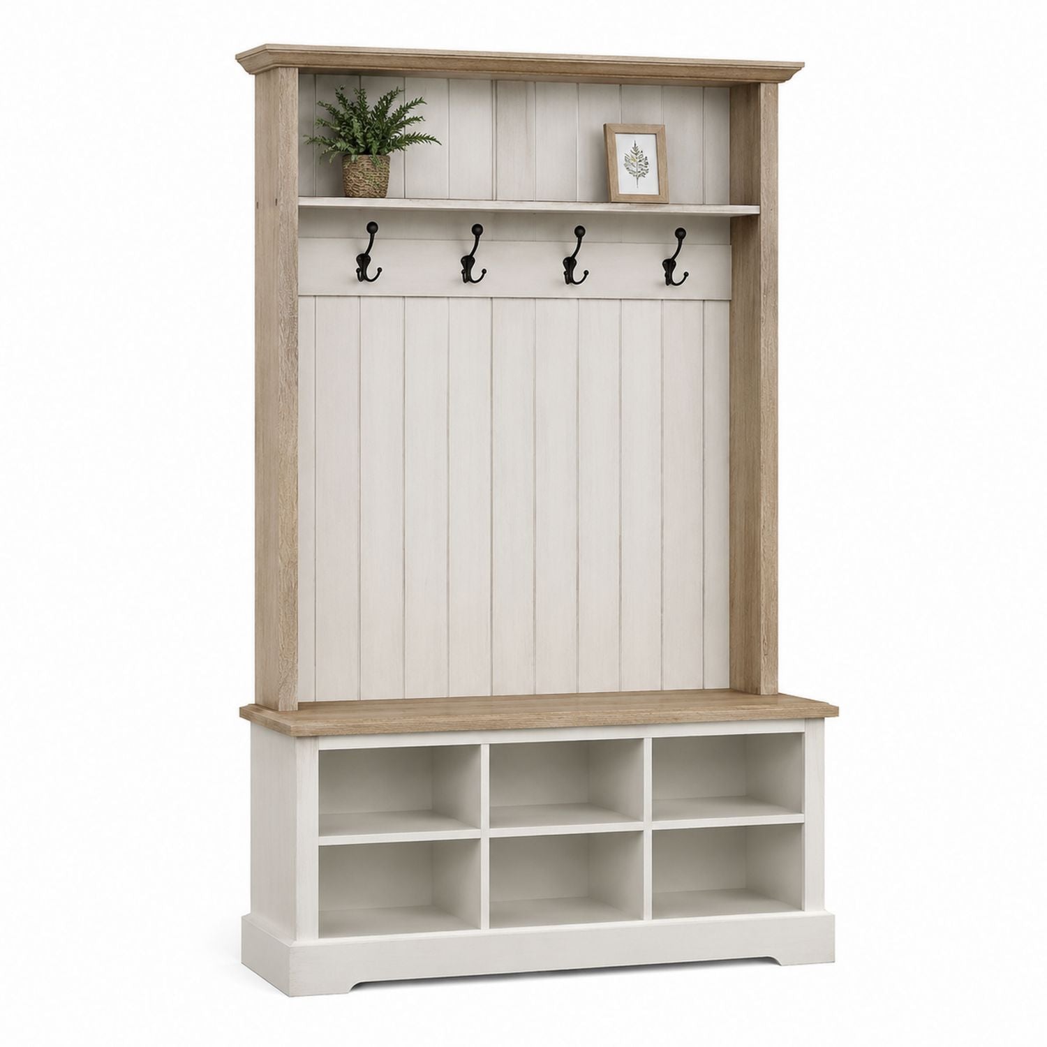 Hall Tree with Shoe Storage Bench MDF/Particle Board White/Natural