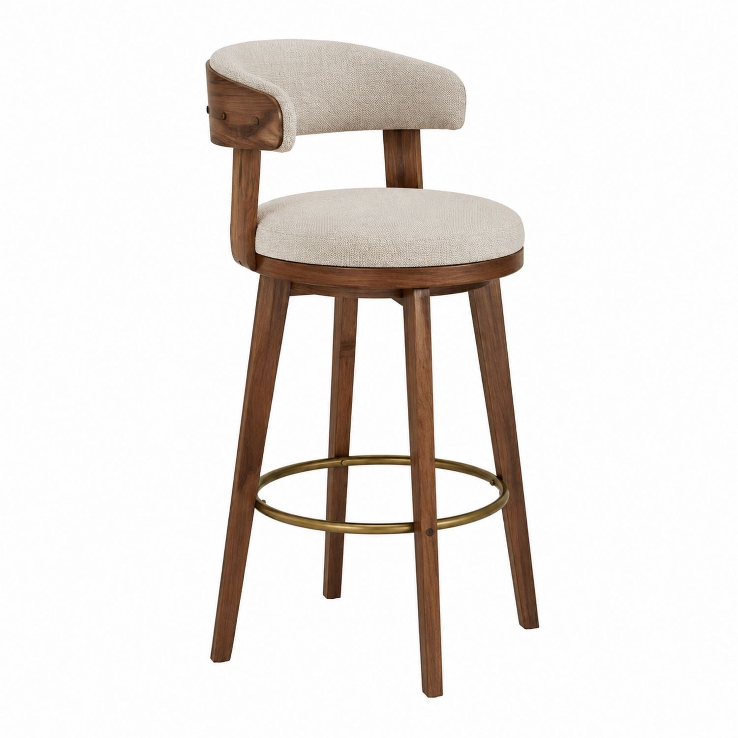 Wooden Bar Stool with Upholstered Backrest and Brass Footrest