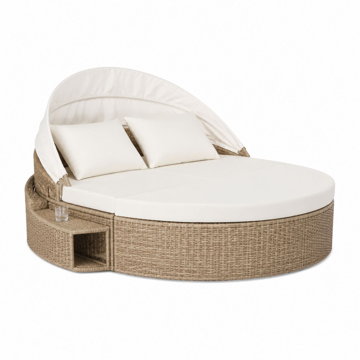 Round Wicker Patio Daybed with Retractable Canopy, Beige, 180cm Diameter