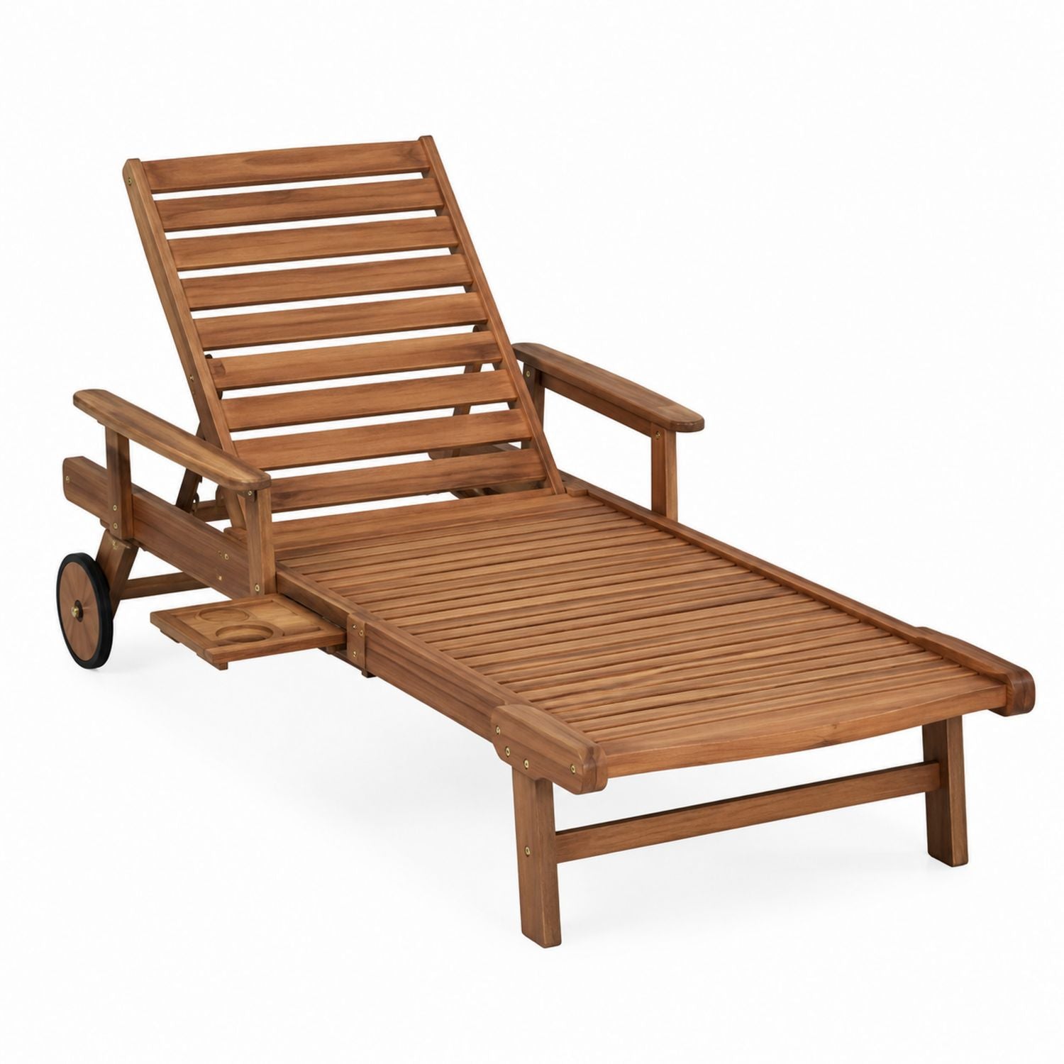 Teak Wood Outdoor Adjustable Chaise Lounge with Wheels and Tray