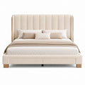 King Size Upholstered Bed Frame Polyester Fabric Wooden Legs Beige