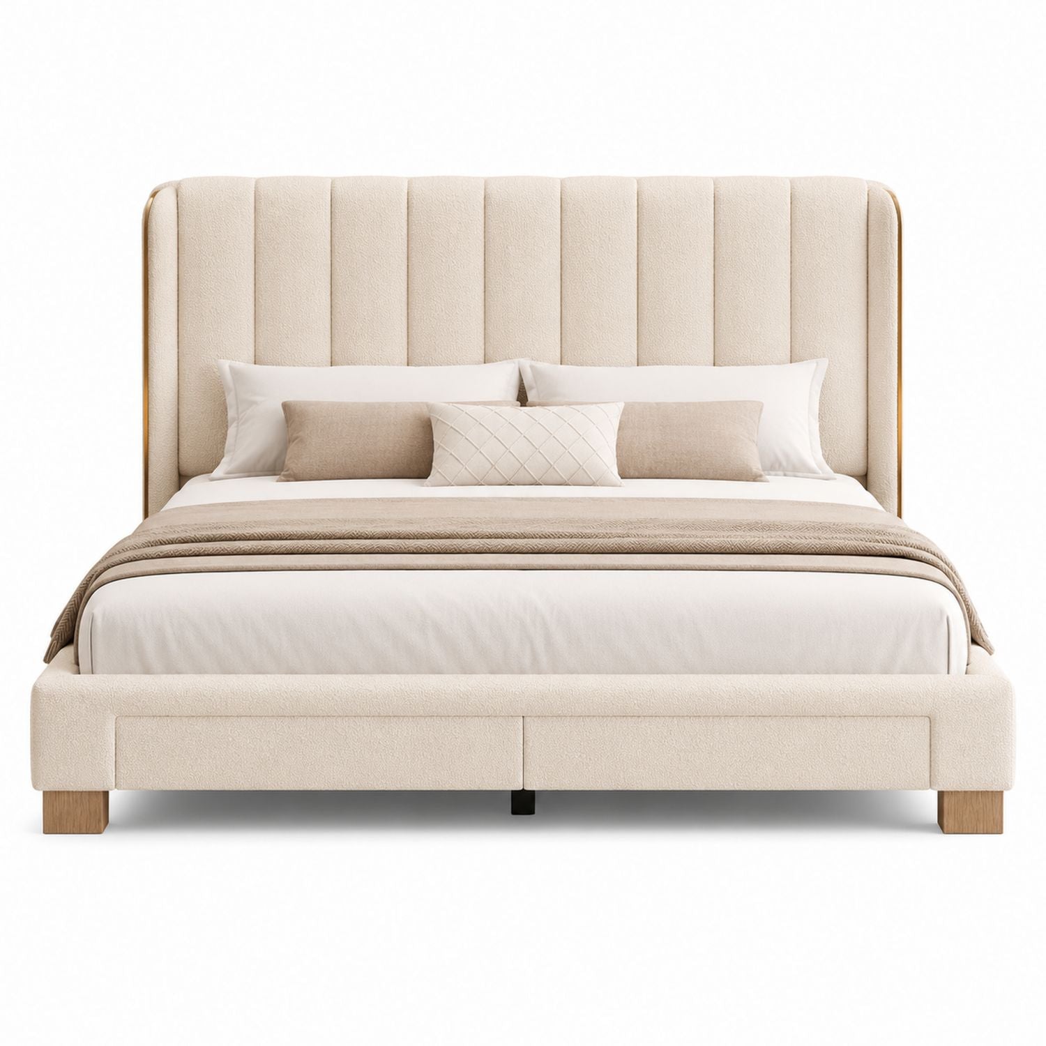 King Size Upholstered Bed Frame Polyester Fabric Wooden Legs Beige