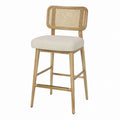 Natural Wood Bar Stool with Woven Rattan Backrest and Polyester Upholstered Cushion