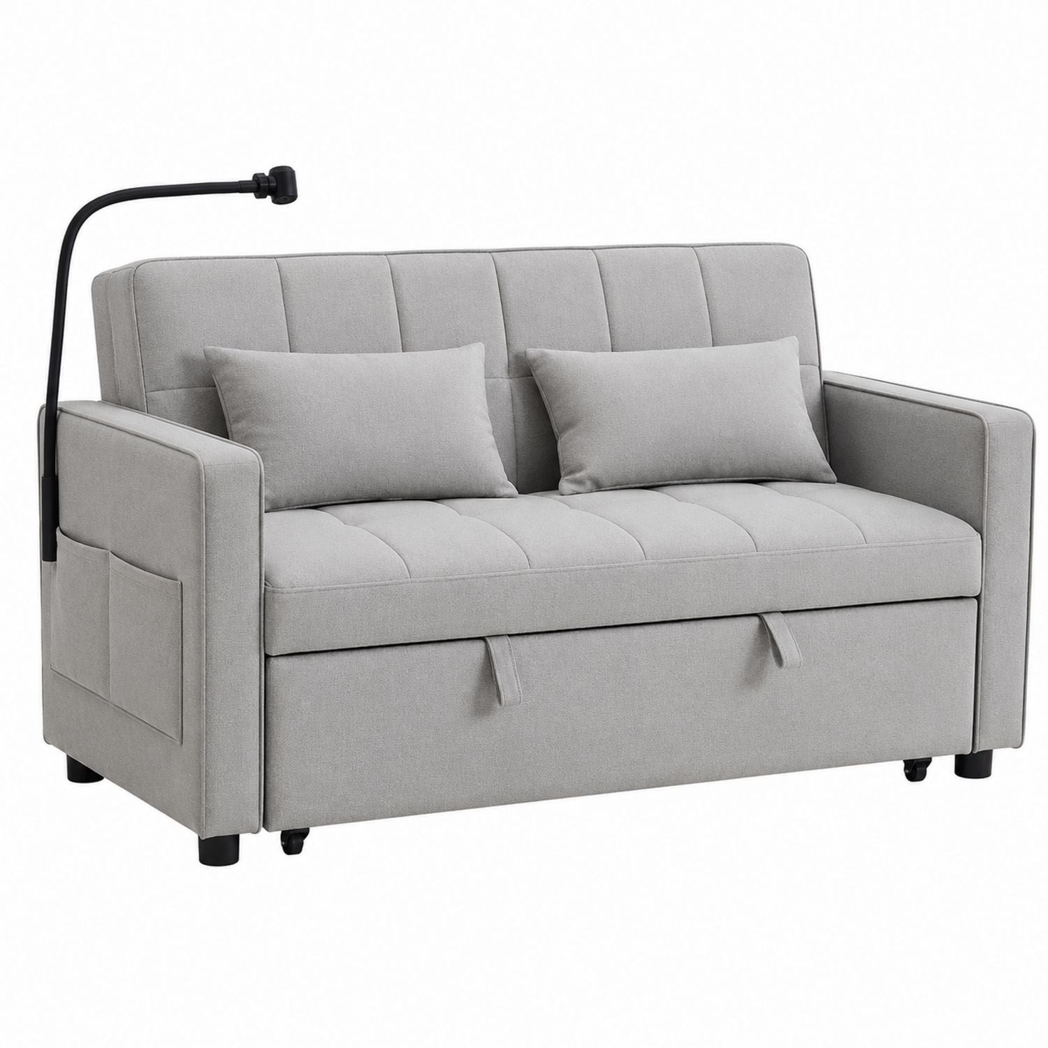 Fabric Convertible Sofa Bed with Storage Drawer and Lighting Armrest Grey 180cm