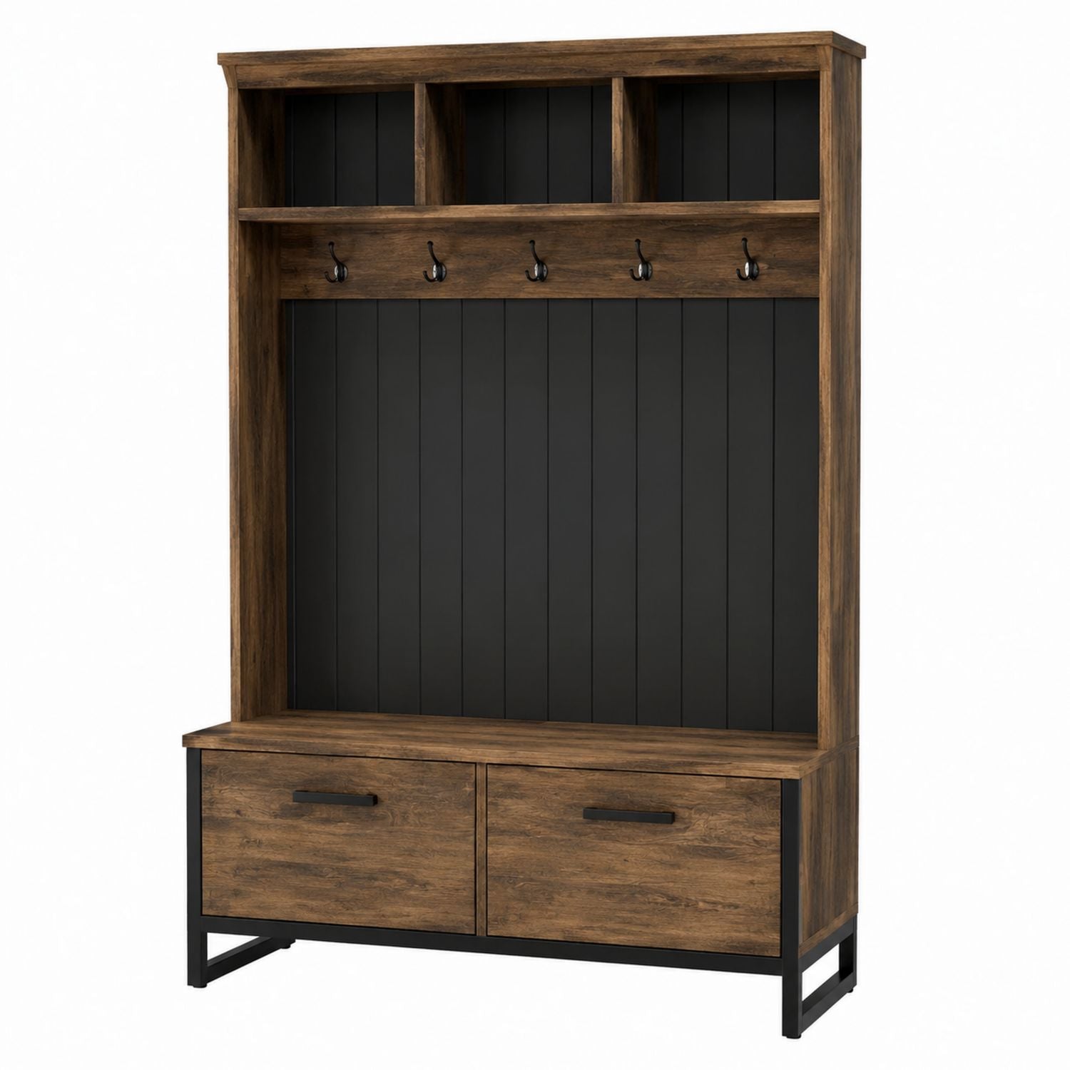 Wood and Metal Entryway Hall Tree with Storage and Hooks Brown Black 180cm