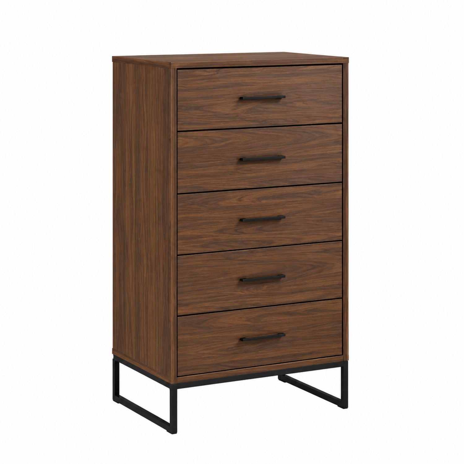 Engineered Wood 5-Drawer Tall Dresser with Metal Base in Brown