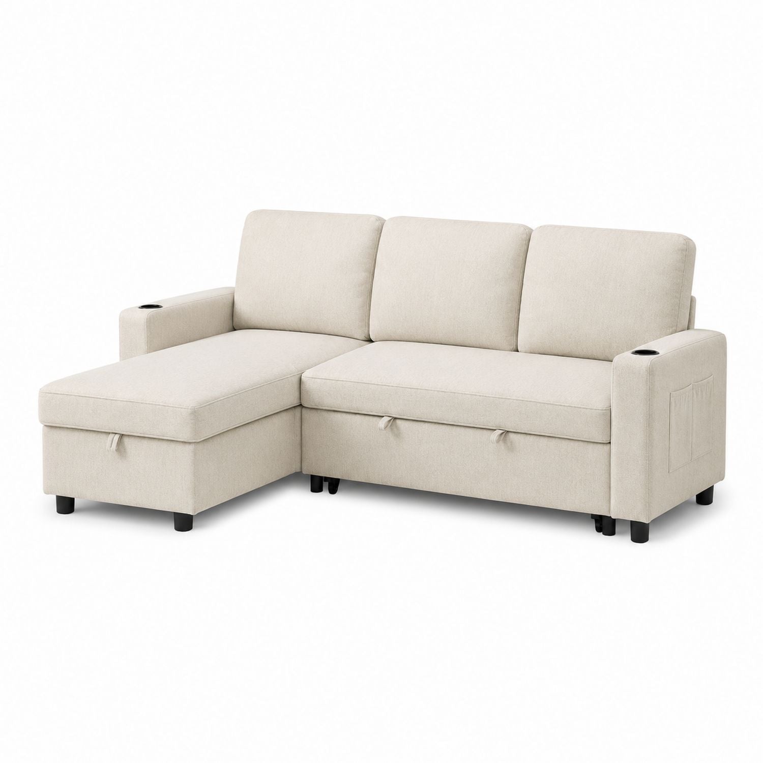 Beige Fabric L-Shaped Convertible Sofa with Chaise and Storage, 3-Seater