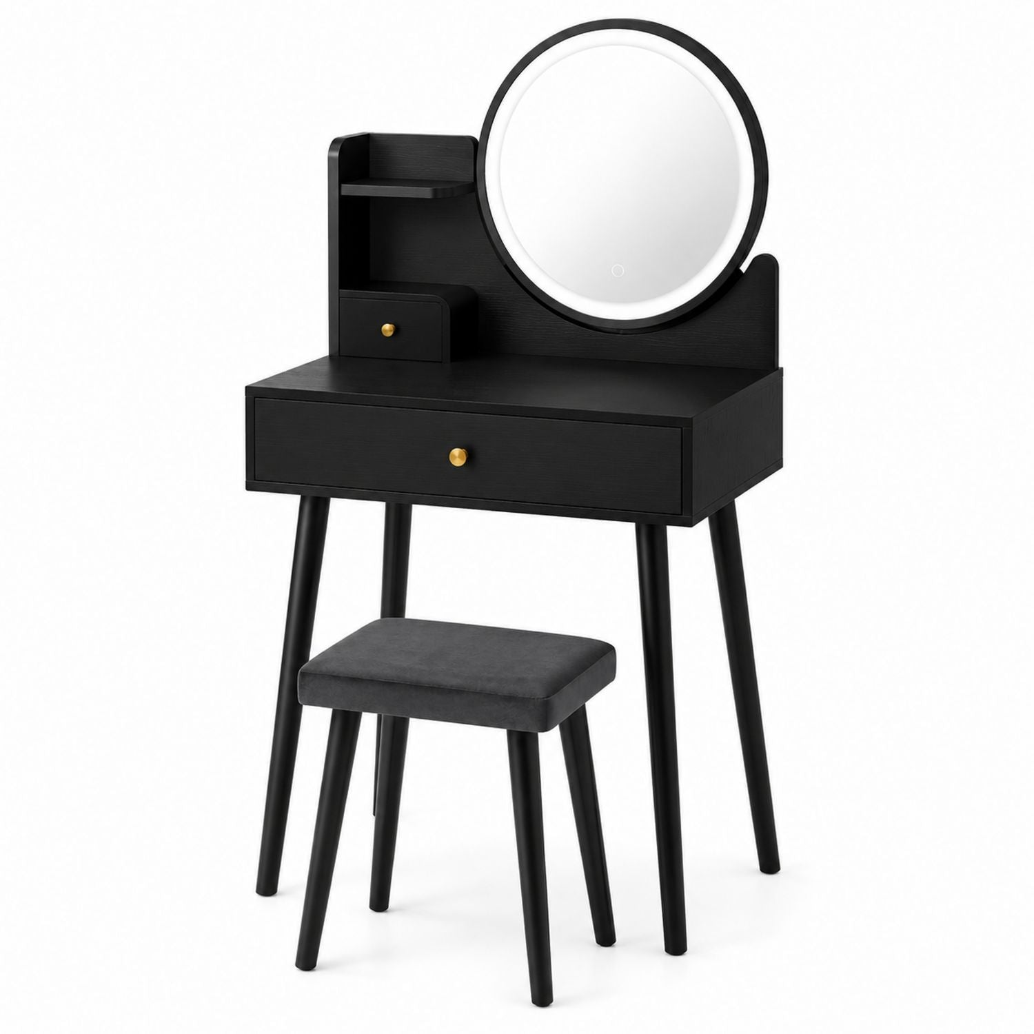 Black Wood Vanity Set with Stool and LED Mirror