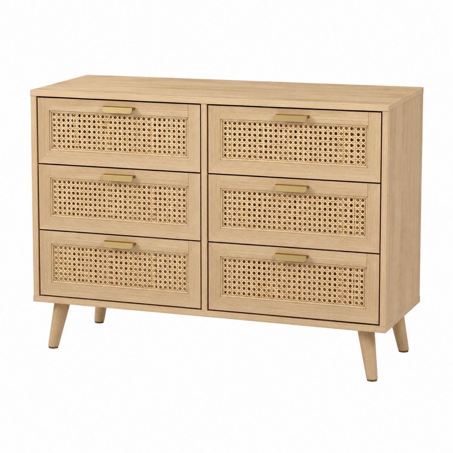 Wooden Dresser with Cane Fronts 6-Drawer Natural Finish