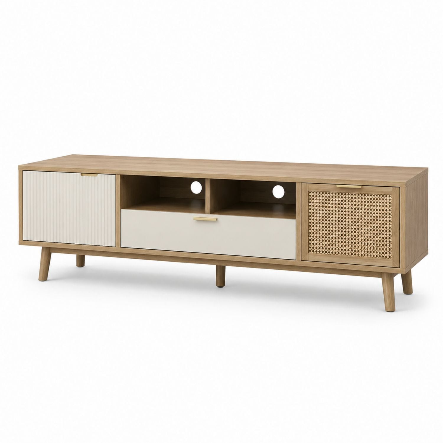 Wood TV Stand with Rattan and Storage 150cm
