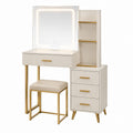 Vanity Set with LED Mirror and Faux Leather Stool, Gold Metal Frame, White Wood