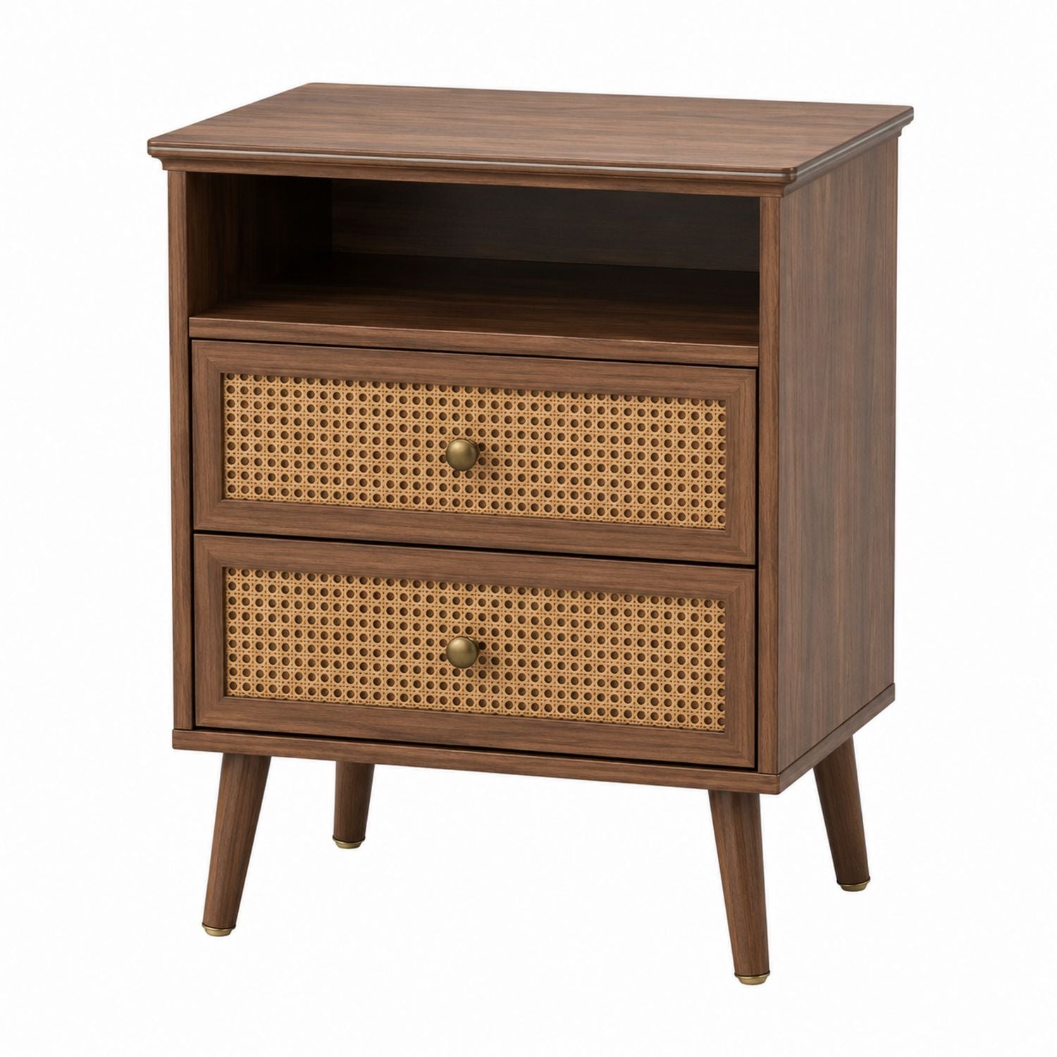 Wood Nightstand with Cane Drawer Fronts - Brown