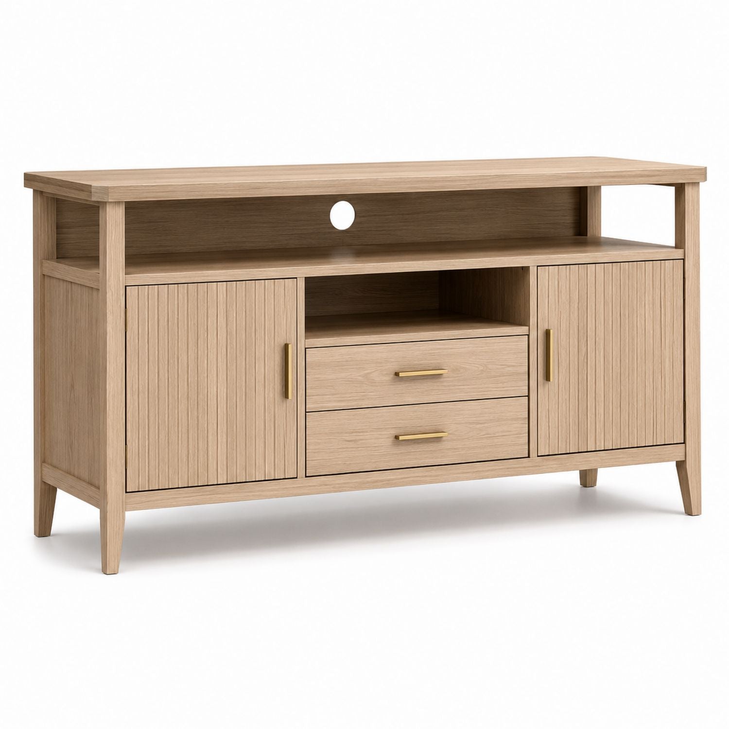 Wood TV Stand with Storage Cabinets and Drawers Natural Veneer Finish 60 inch