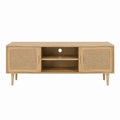 Wooden TV Stand with Rattan Doors and Open Shelves 150cm