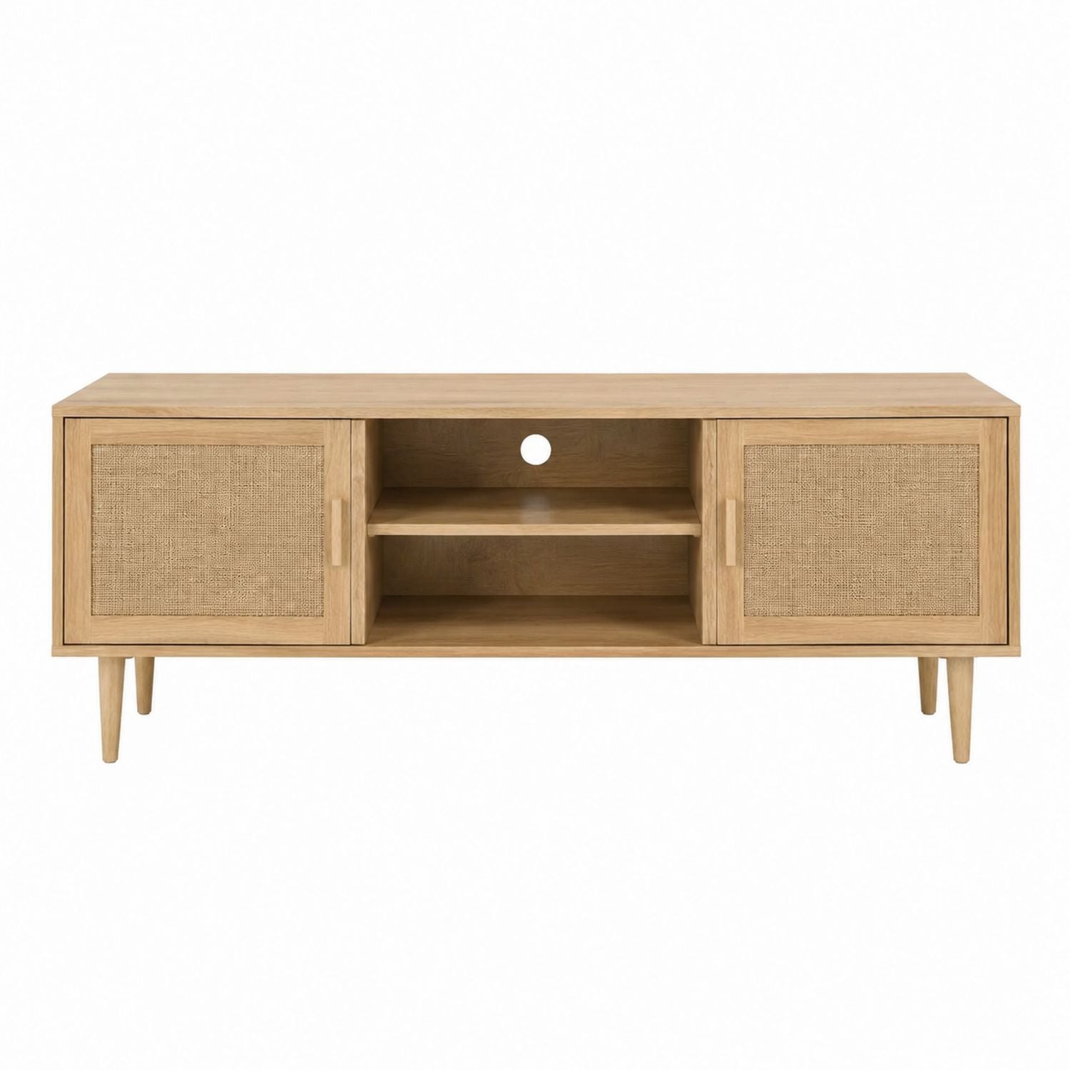 Wooden TV Stand with Rattan Doors and Open Shelves 150cm