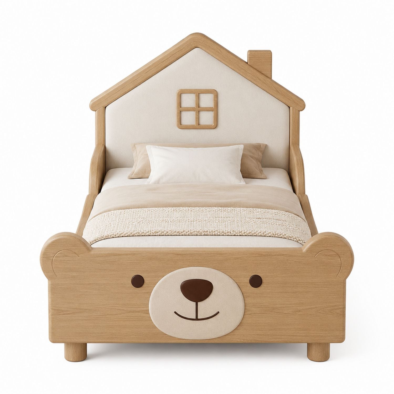 Wooden House-Shaped Bear Children's Bed Oak Beige 150cm x 80cm