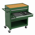 Green Steel Tool Cart with Bamboo Top and Lockable Drawers