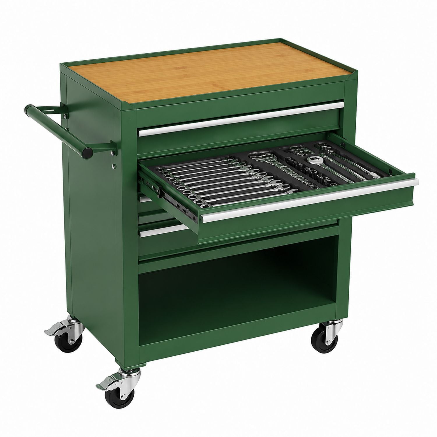 Green Steel Tool Cart with Bamboo Top and Lockable Drawers