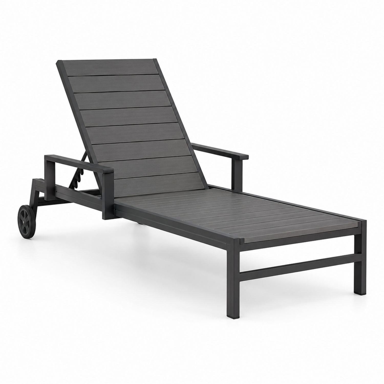 Outdoor Adjustable Aluminum Chaise Lounge with Wheels Dark Gray