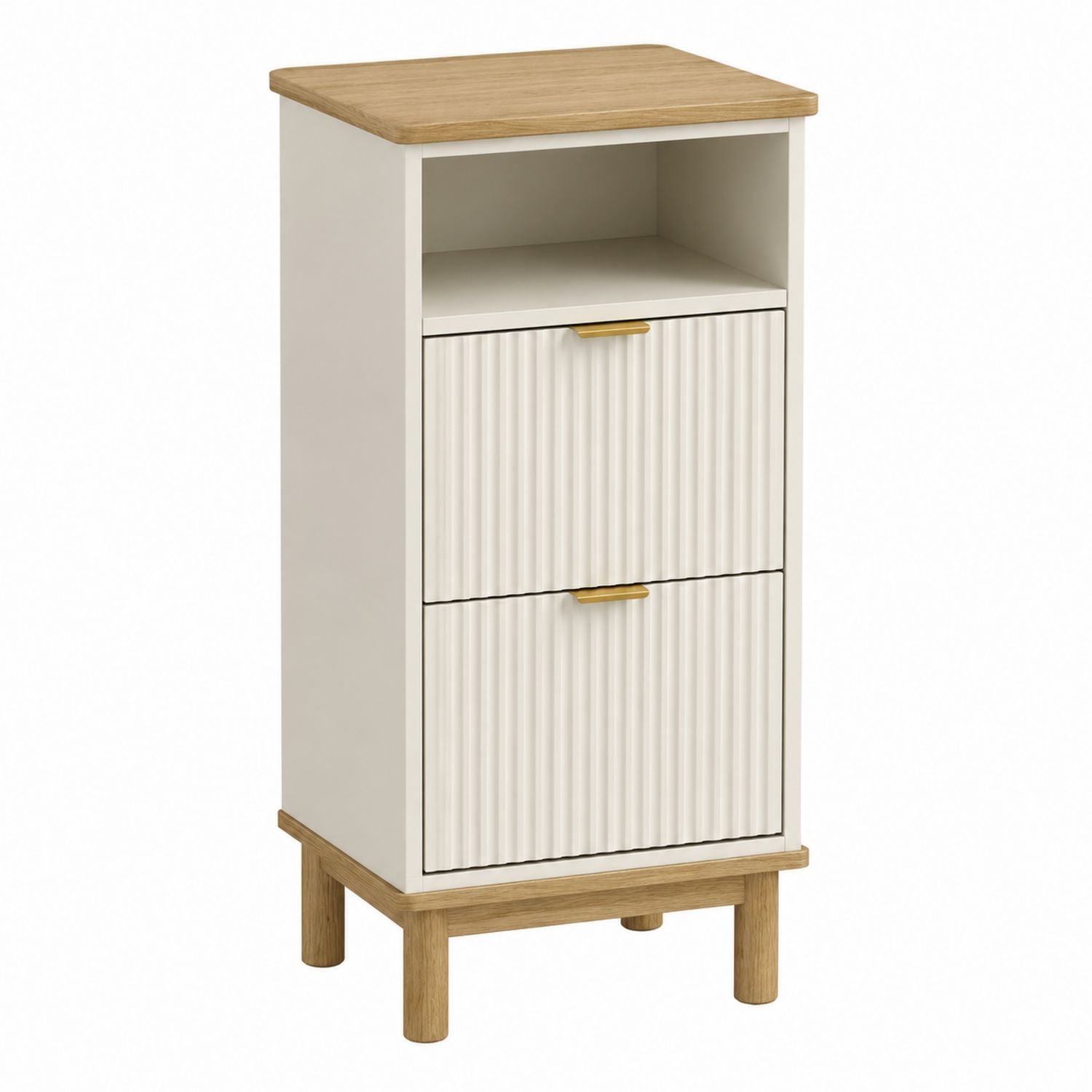 Wood Nightstand with Two Drawers and Open Shelf Beige