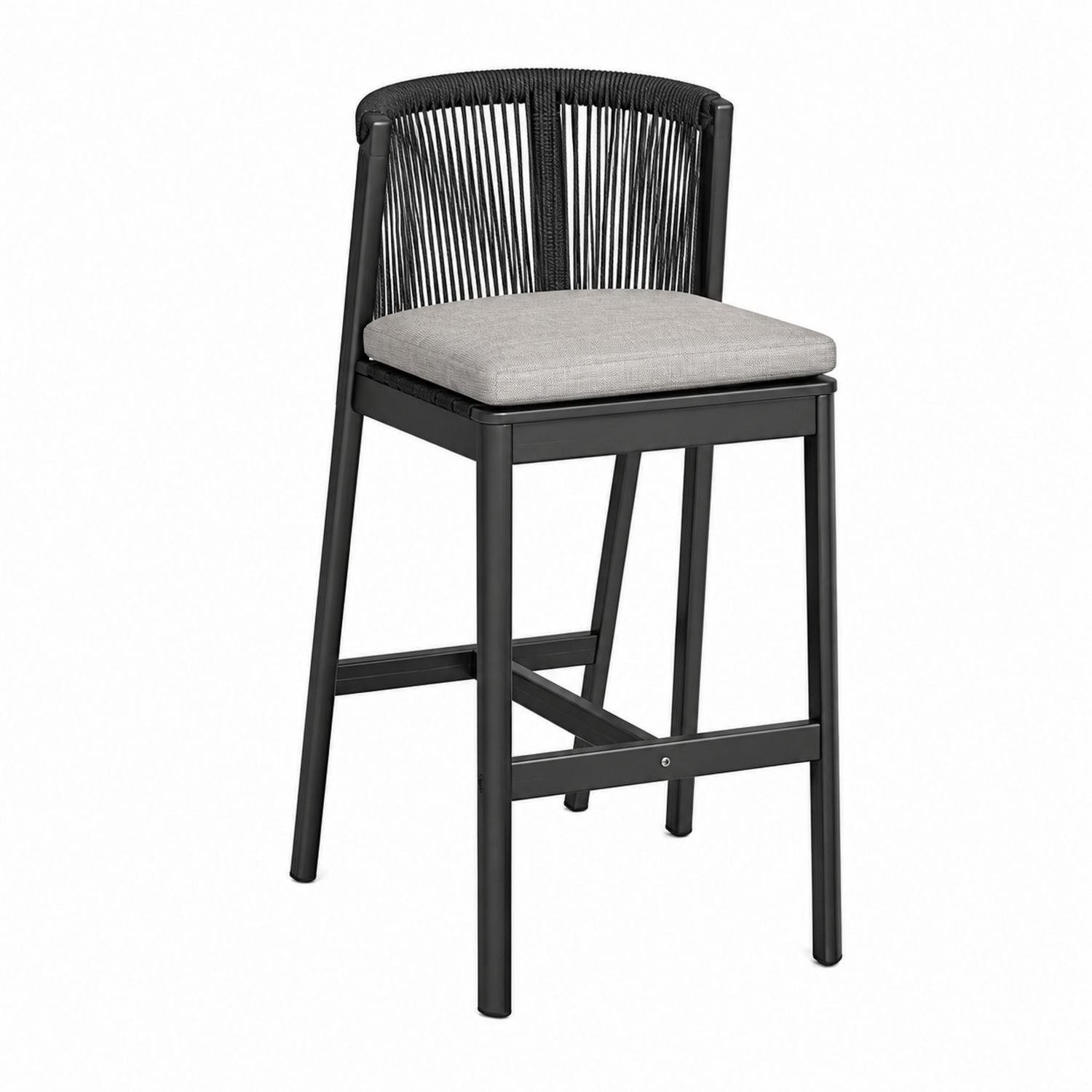Outdoor High Back Bar Stool with Rope Woven Back and Cushion, Black/Grey