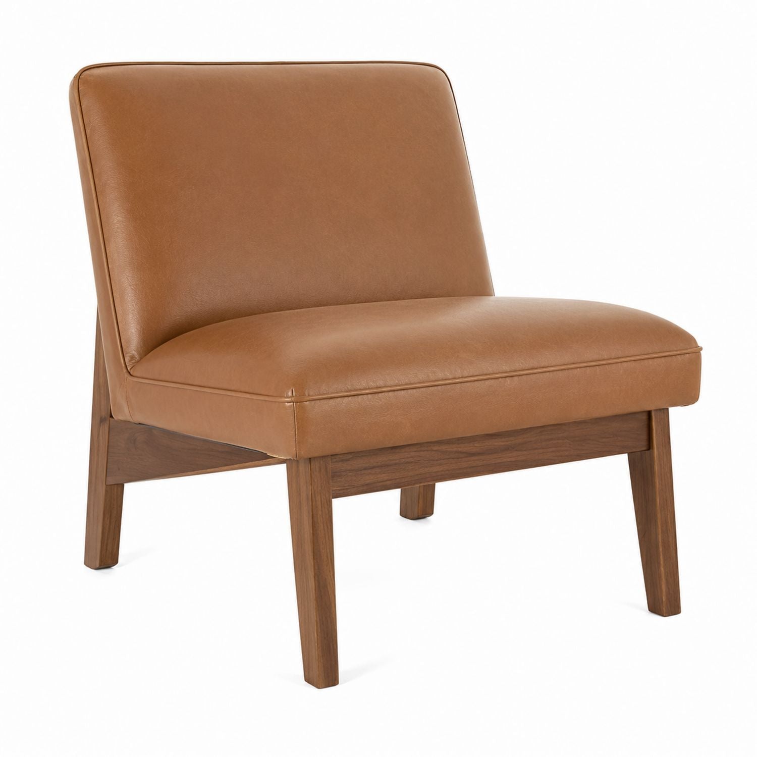 Brown Leather Chair with Walnut Wood Legs, 70cm Height