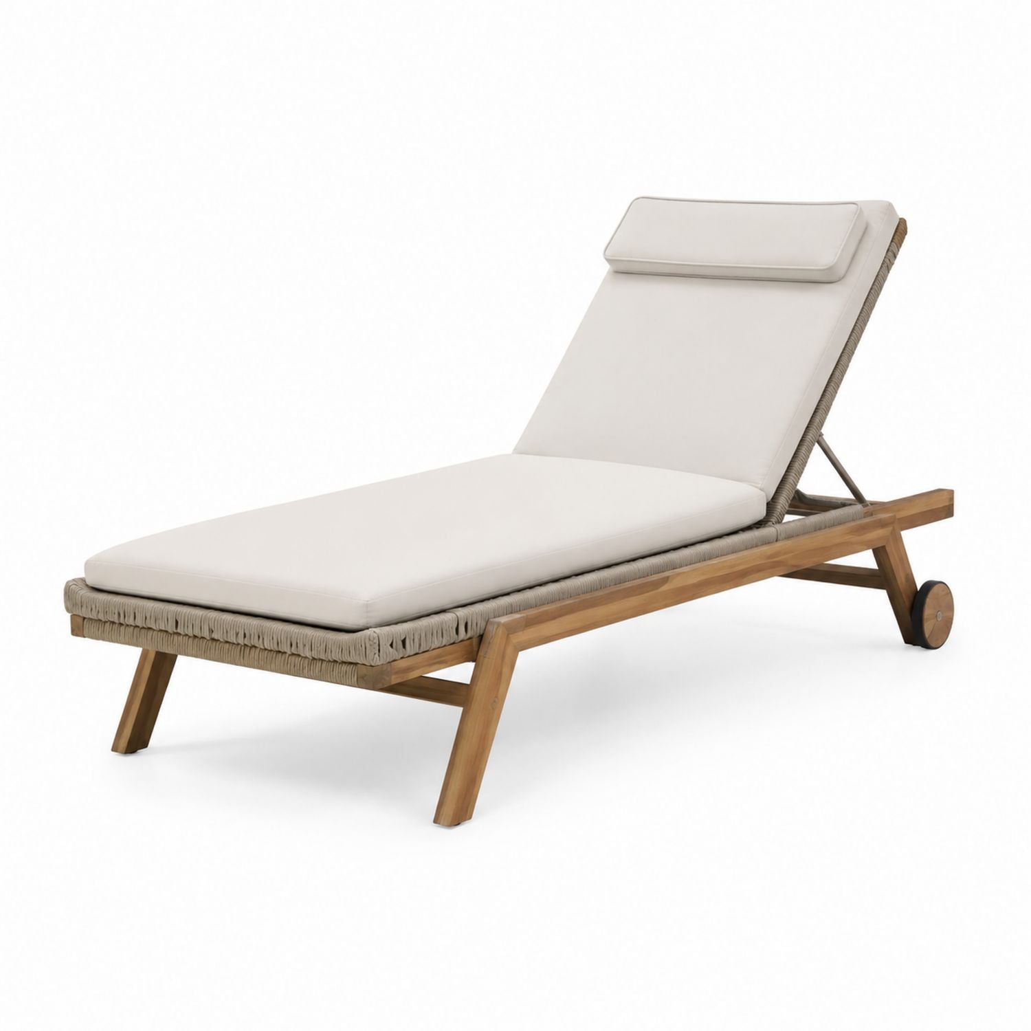 Teak Wood Outdoor Chaise Lounge with Beige Cushion