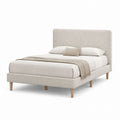 Beige Upholstered Bed with Chevron Pattern Headboard and Wooden Legs