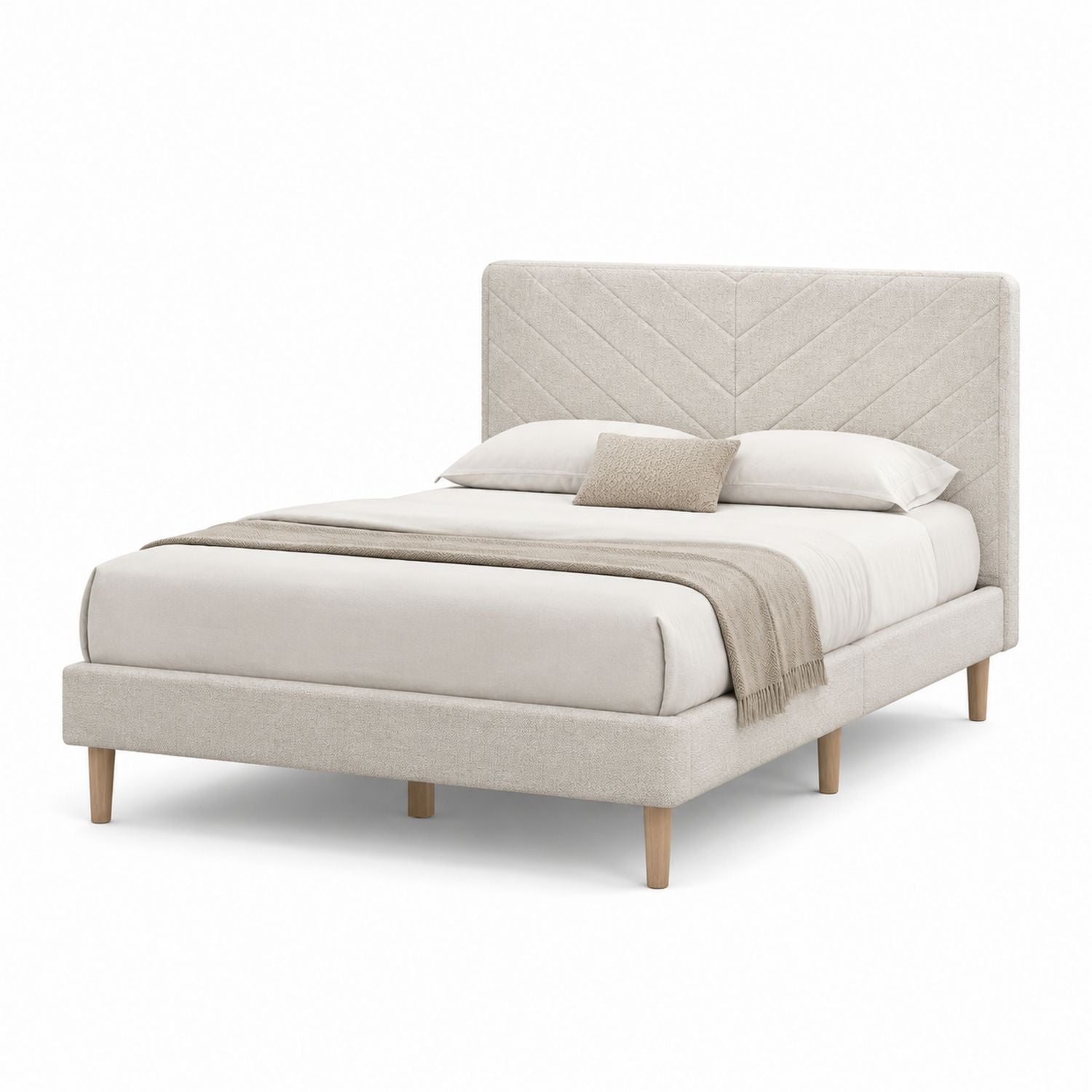 Beige Upholstered Bed with Chevron Pattern Headboard and Wooden Legs