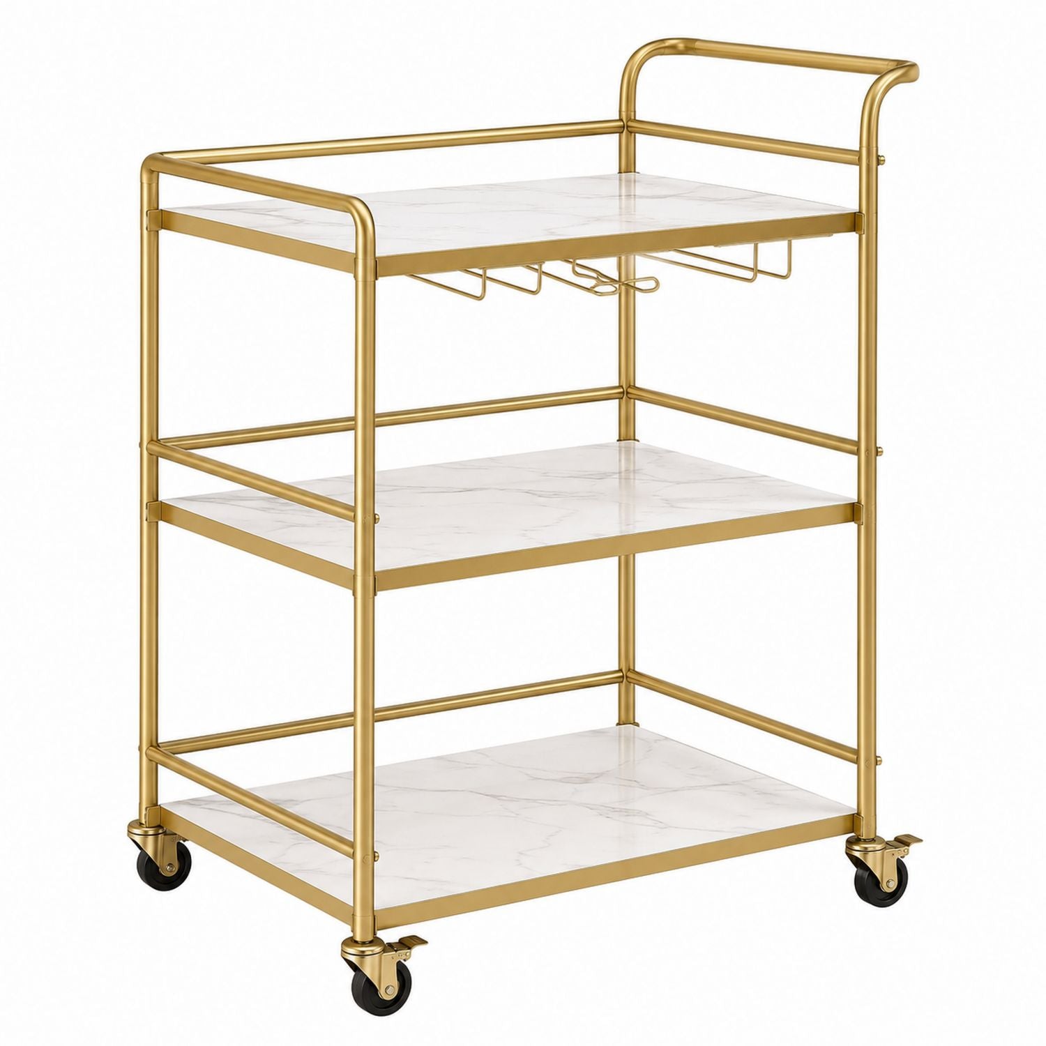 Gold Metal Bar Cart with Faux Marble Shelves and Rubber Wheels