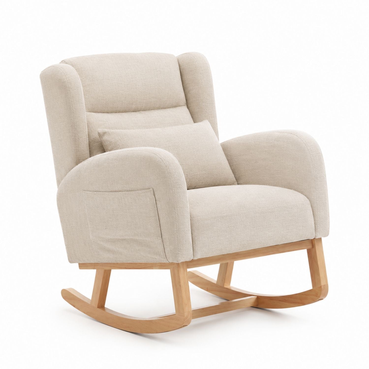 Beige Linen Upholstered Rocking Chair with Solid Wood Base