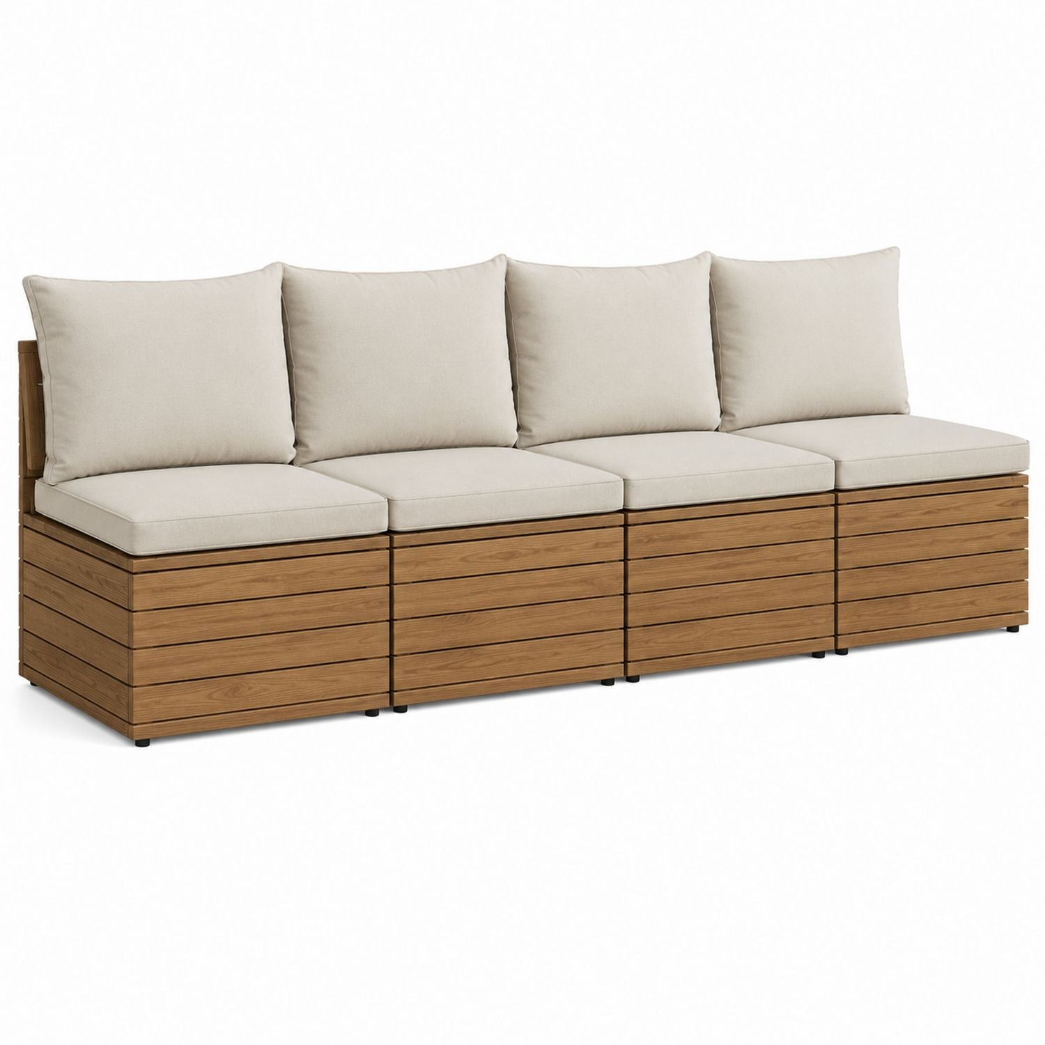 Outdoor Wood Sectional Sofa Set with Beige Cushions 4-Piece